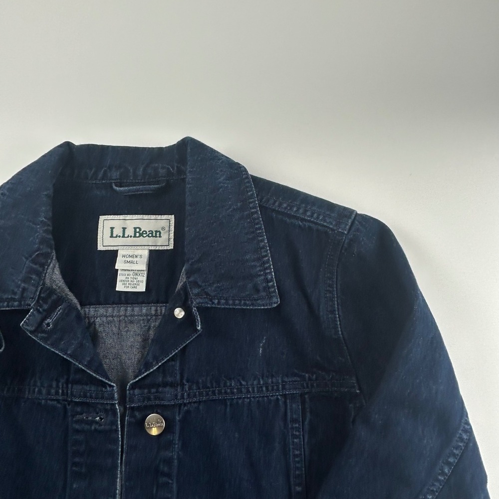 L.L. Bean WMNS S Biker VTG Denim Trucker Jacket Indigo Blue Cotton Button - Picture 3 of 10